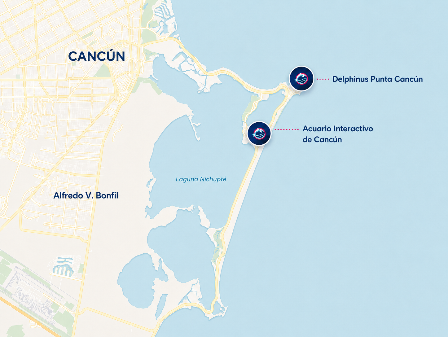 Acuario Interactivo de Cancún y Delphinus Punta Cancún ubicación