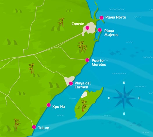 Mapa de las mejores playas de la riviera maya
